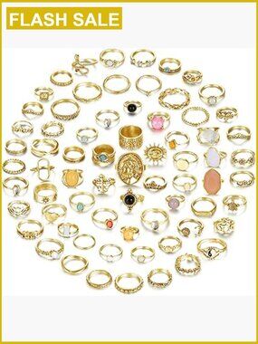 70 Piece Vintage Crystal Knuckle Ring Set Stackable Boho Joint Rings